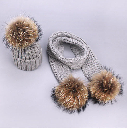 Children's Double Woolen Hats With Woolen Balls Scarf Set