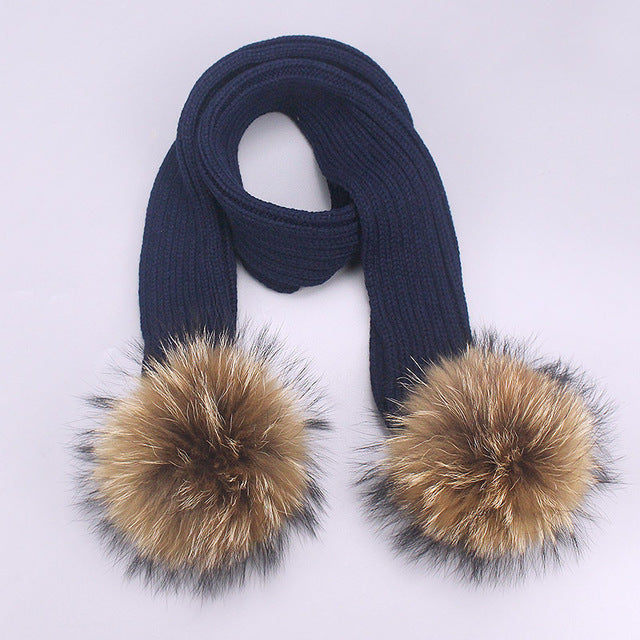 Children's Double Woolen Hats With Woolen Balls Scarf Set