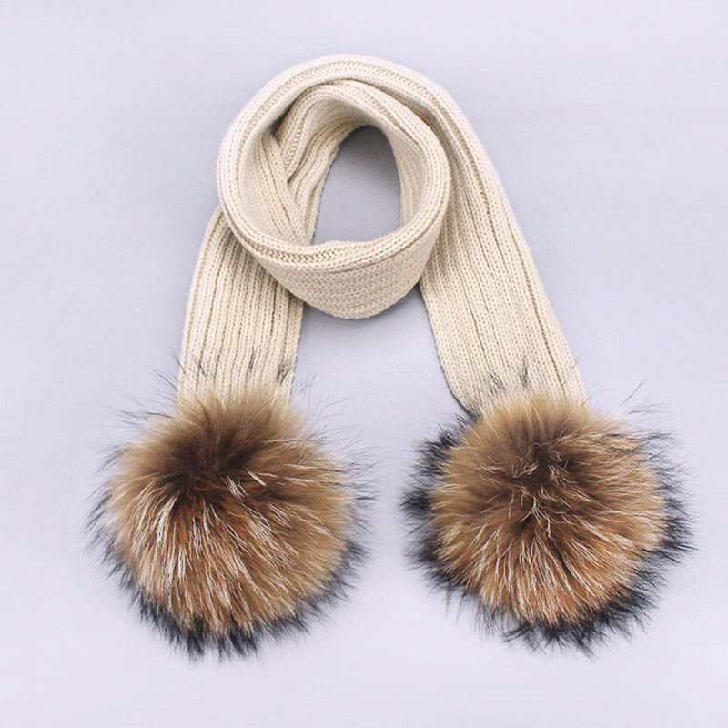 Children's Double Woolen Hats With Woolen Balls Scarf Set