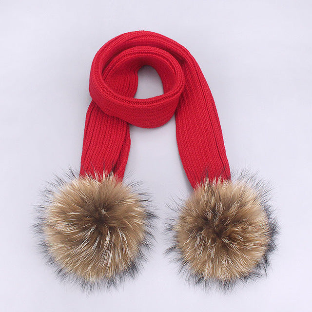 Children's Double Woolen Hats With Woolen Balls Scarf Set