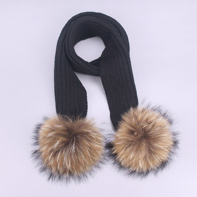 Children's Double Woolen Hats With Woolen Balls Scarf Set