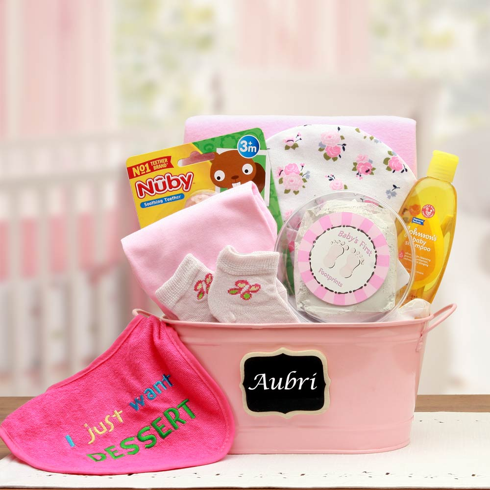 Baby Basics Gift Pail Pink - baby bath set - baby girl gifts - new baby gift basket - baby gift baskets - baby shower gifts