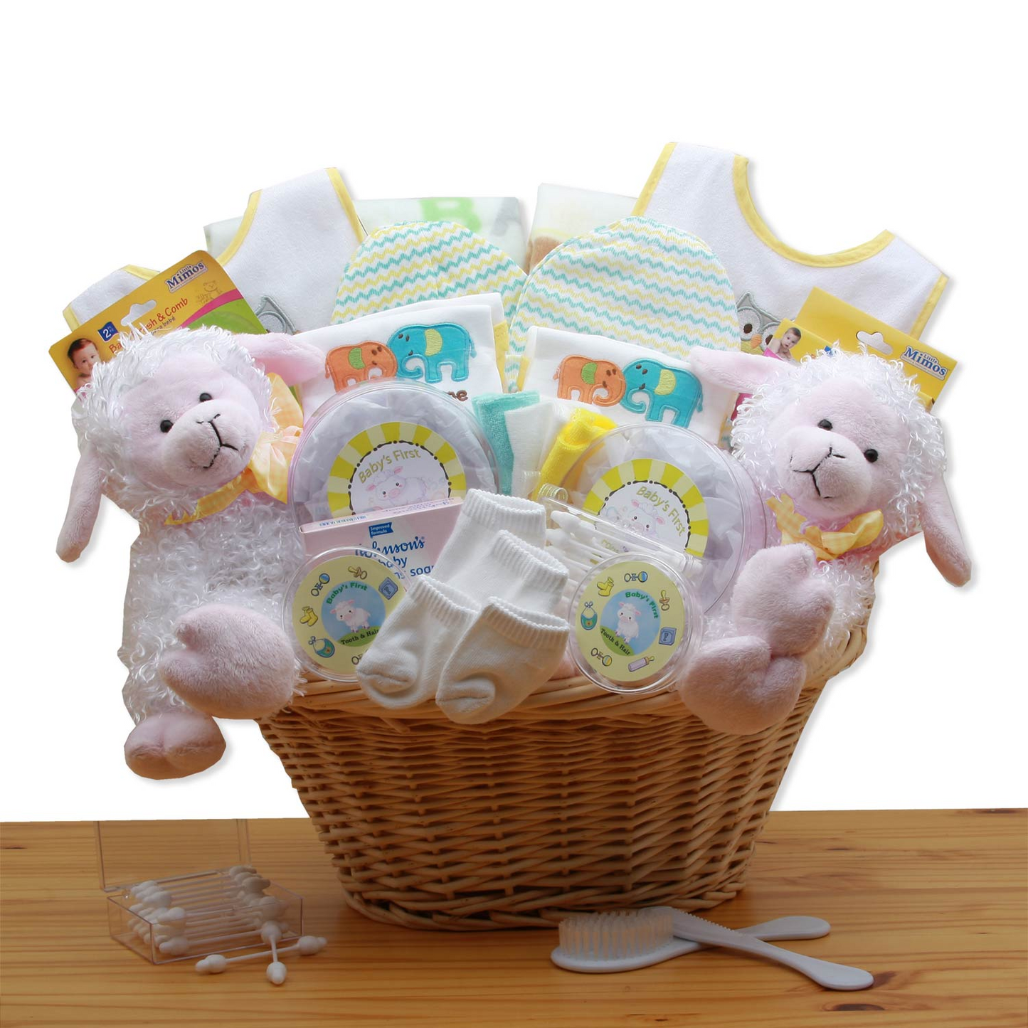 Double Delight Twins New Baby Gift Basket - Yellow - baby bath set - new baby gift basket - baby gift baskets - baby shower gifts