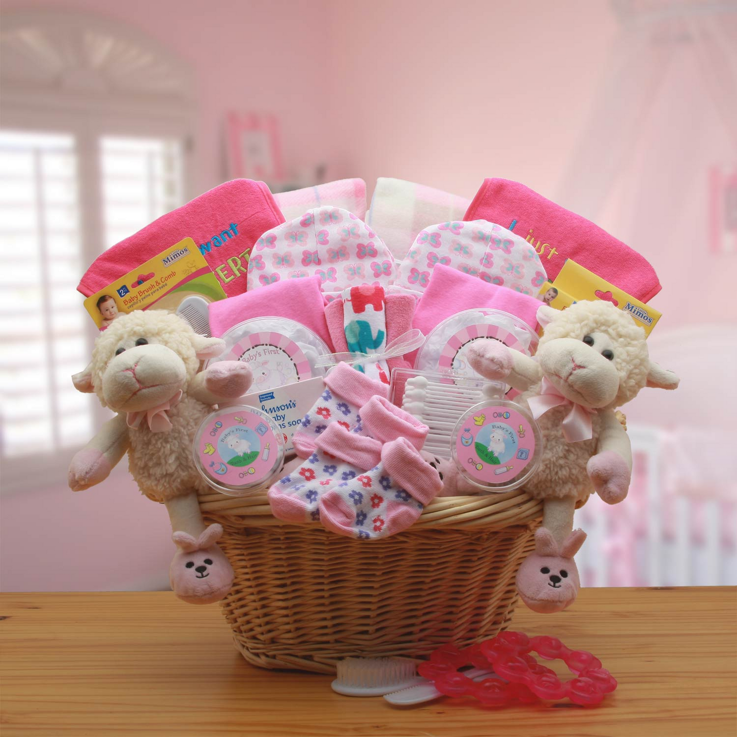 Double Delight Twins New Babies Gift Basket - Pink - baby bath set - baby girl gifts - new baby gift basket - baby gift baskets - baby shower gifts