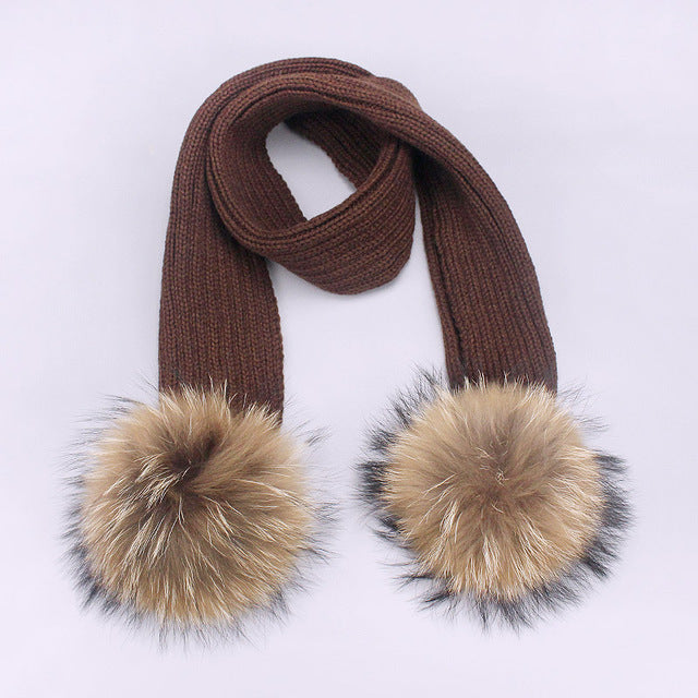 Children's Double Woolen Hats With Woolen Balls Scarf Set