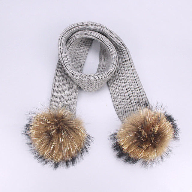 Children's Double Woolen Hats With Woolen Balls Scarf Set
