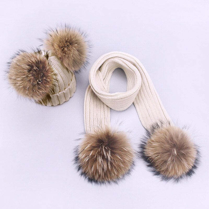 Children's Double Woolen Hats With Woolen Balls Scarf Set