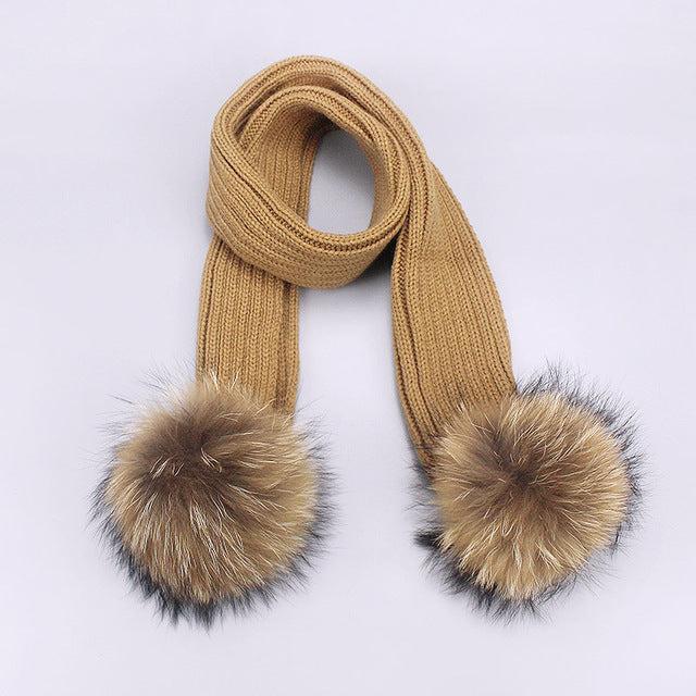 Children's Double Woolen Hats With Woolen Balls Scarf Set