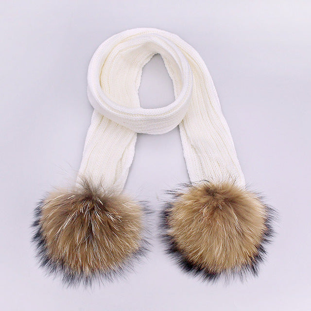 Children's Double Woolen Hats With Woolen Balls Scarf Set