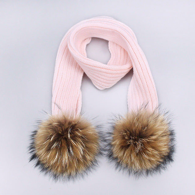 Children's Double Woolen Hats With Woolen Balls Scarf Set